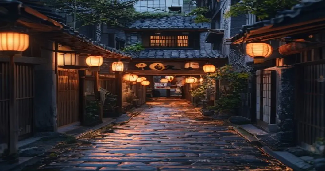神楽坂の石畳の路地と提灯。伝統的な花街の風情