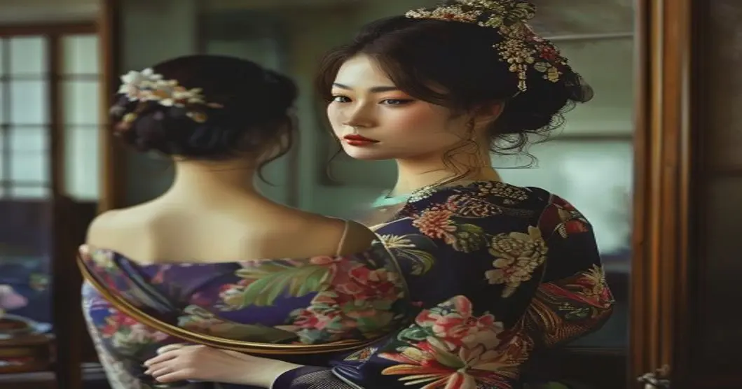 ミラーに映る上品なドレスのフィッティング風景